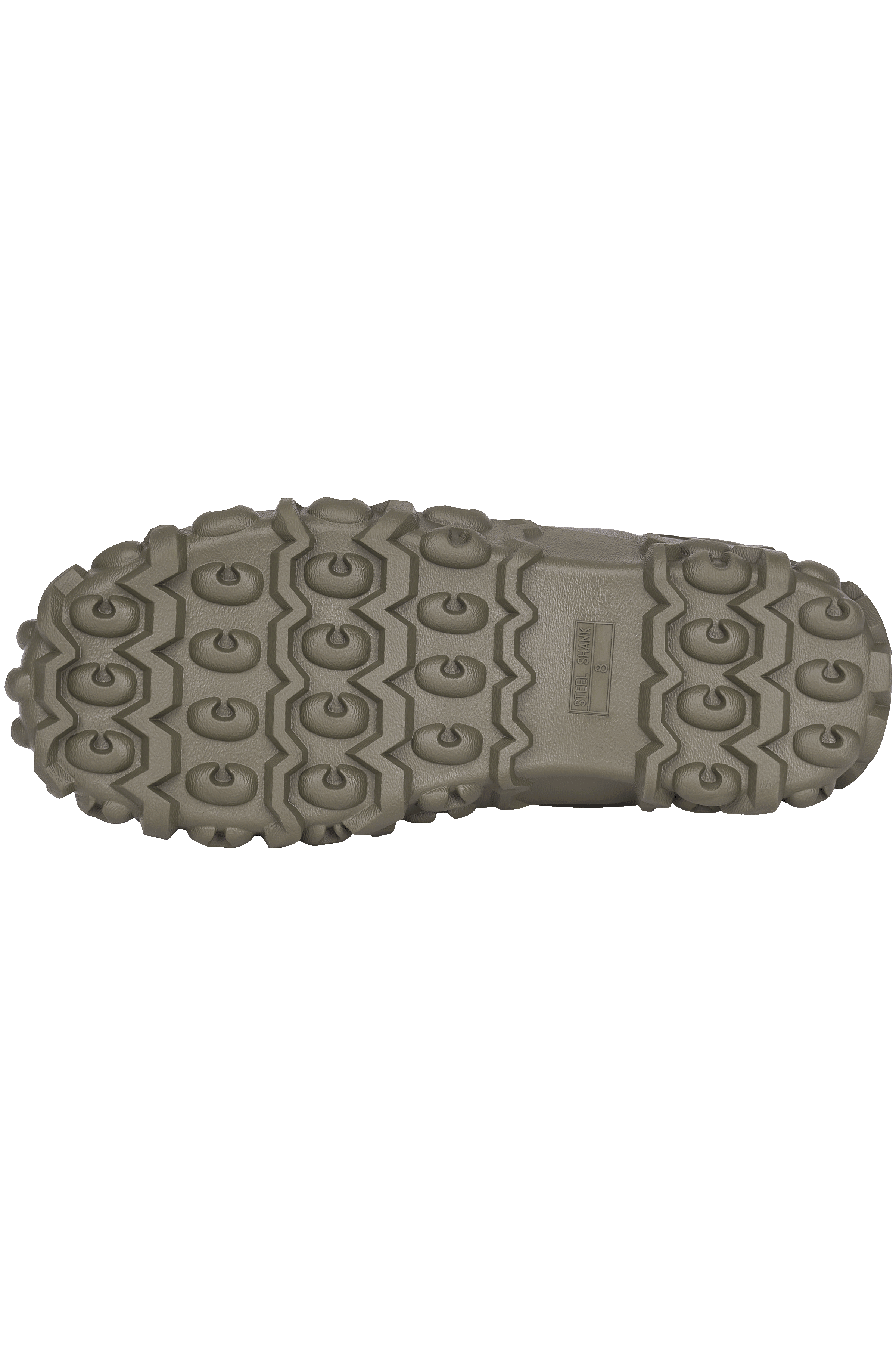 alt="Close-up of Trudave AquaGrip Series men’s waterproof mid-calf rubber work boots outsole in olive green showing deep tread non-slip pattern for traction and durability in gardening, farming, and rain work"